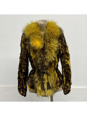 Vintage Y2K Yellow "Dart Frog" Mink & Fox Fur Cinch-Waist Jacket